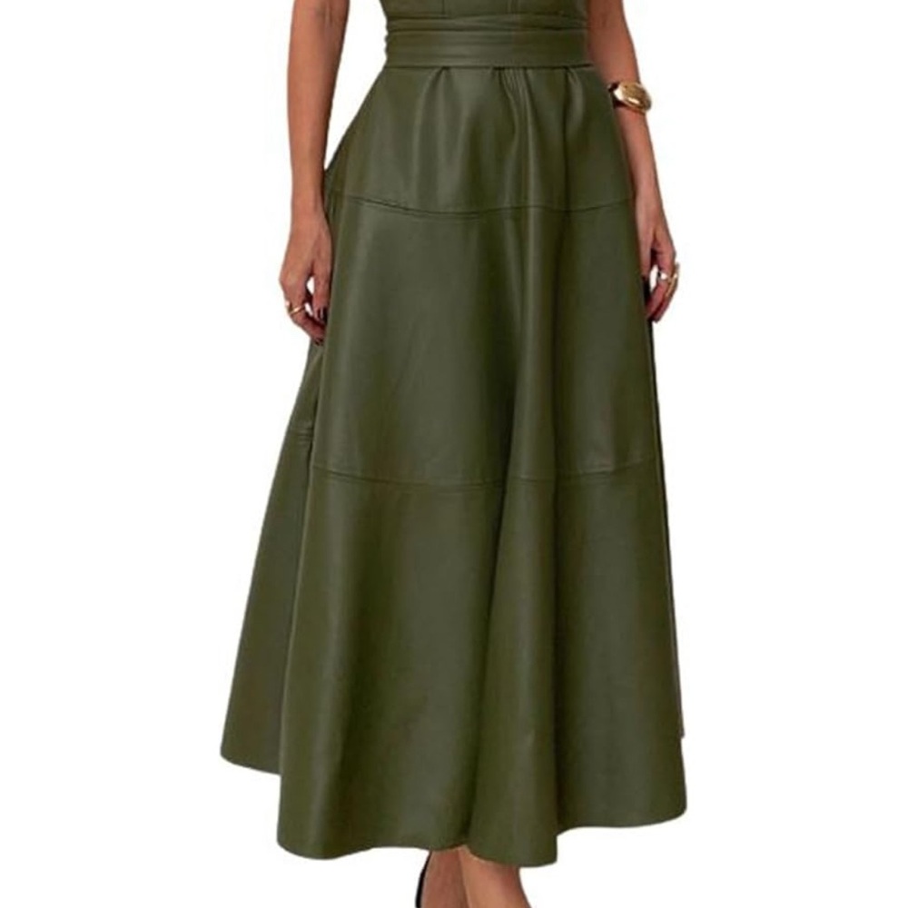 Elegant Olive Green Faux Lather Women's Dress